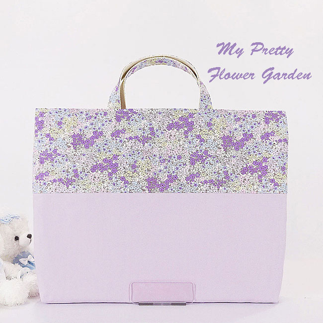 入園入学グッズオーダー手作り幼稚園保育園用の女の子用用品小花柄 パープルレッスンバッグおおきめ
