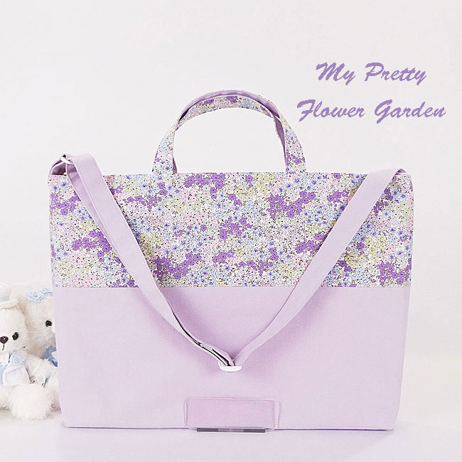 入園入学グッズオーダー手作り幼稚園保育園用の女の子用用品小花柄 パープルレッスンバッグ肩掛け