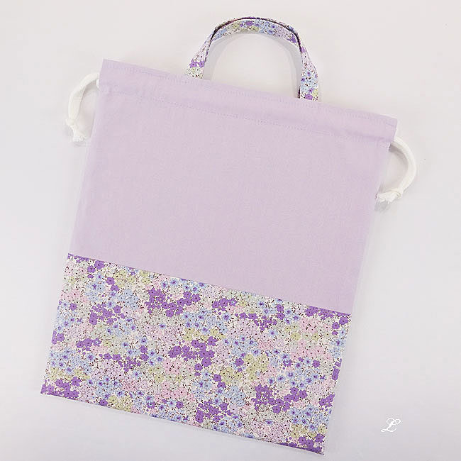 入園入学グッズオーダー手作り幼稚園保育園用の女の子用小花柄 パープル巾着袋L持ち手付き