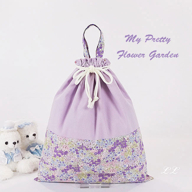 入園入学グッズオーダー手作り幼稚園保育園用の女の子用小花柄 パープル巾着袋LL持ち手付き