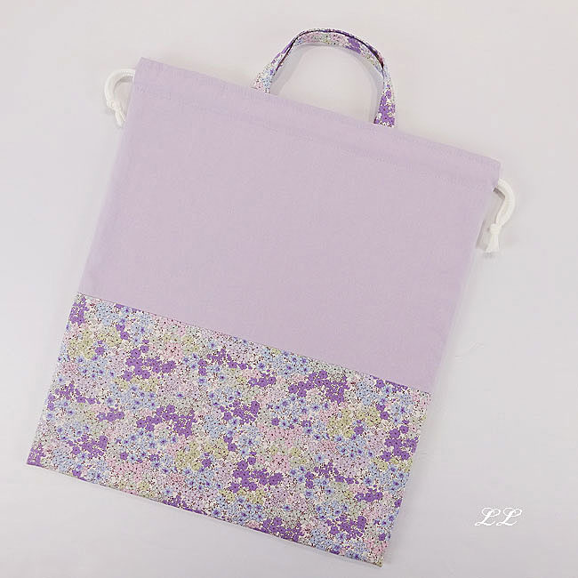 入園入学グッズオーダー手作り幼稚園保育園用の女の子用小花柄 パープル巾着袋LL持ち手付き