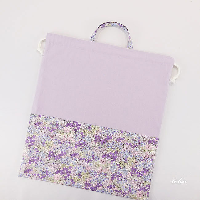 入園入学グッズオーダー手作り幼稚園保育園用の女の子用用品小花柄 パープル巾着袋特大持ち手付き