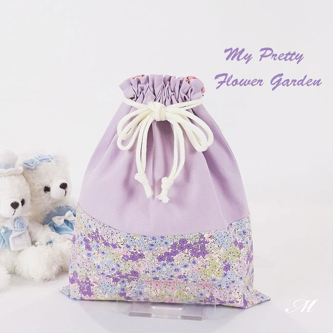 入園入学グッズオーダー手作り幼稚園保育園用の女の子用用品小花柄 パープル巾着袋M