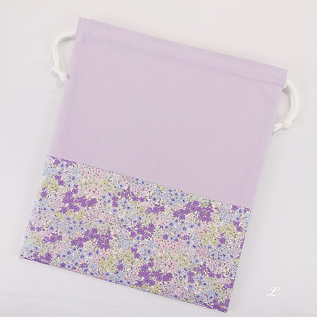 入園入学グッズオーダー手作り幼稚園保育園用の女の子用用品小花柄 パープル巾着袋L