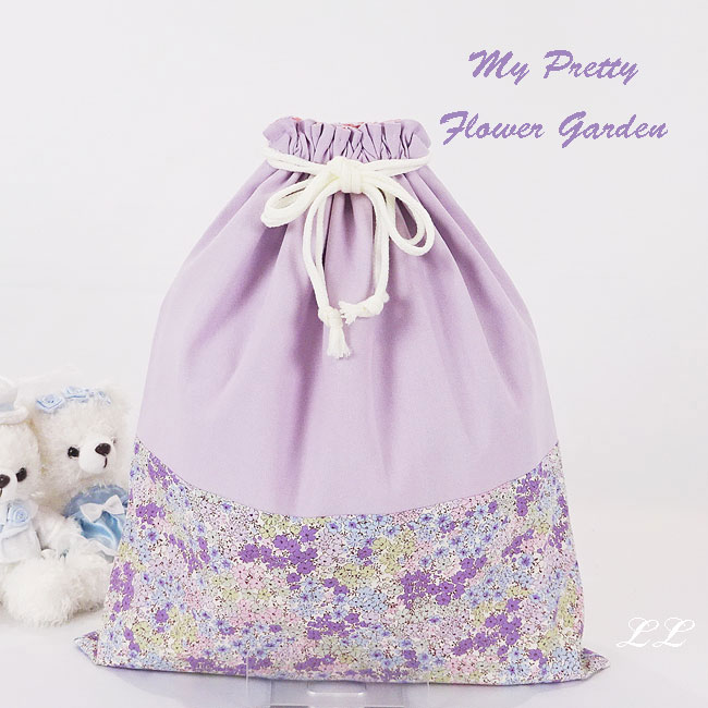 入園入学グッズオーダー手作り幼稚園保育園用の女の子用用品小花柄 パープル巾着袋LL