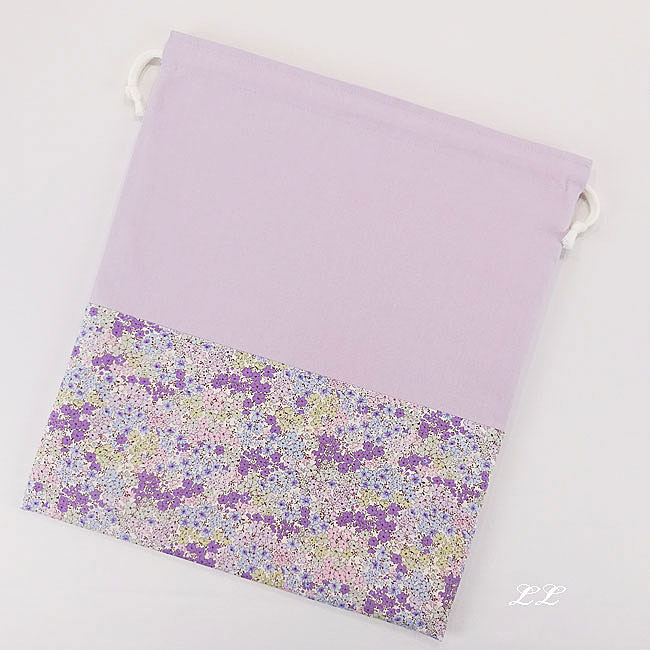 入園入学グッズオーダー手作り幼稚園保育園用の女の子用用品小花柄 パープル巾着袋LL