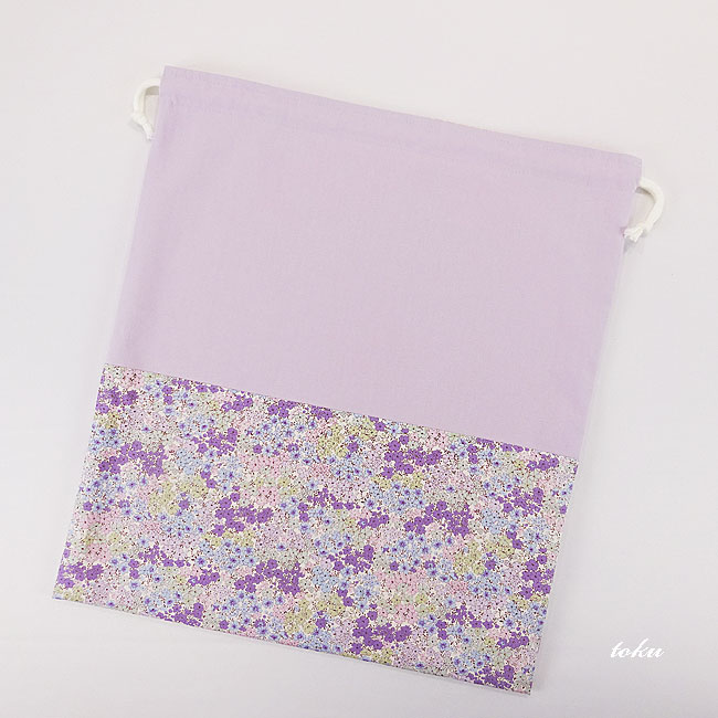 入園入学グッズオーダー手作り幼稚園保育園用の女の子用用品小花柄 パープル巾着袋特大